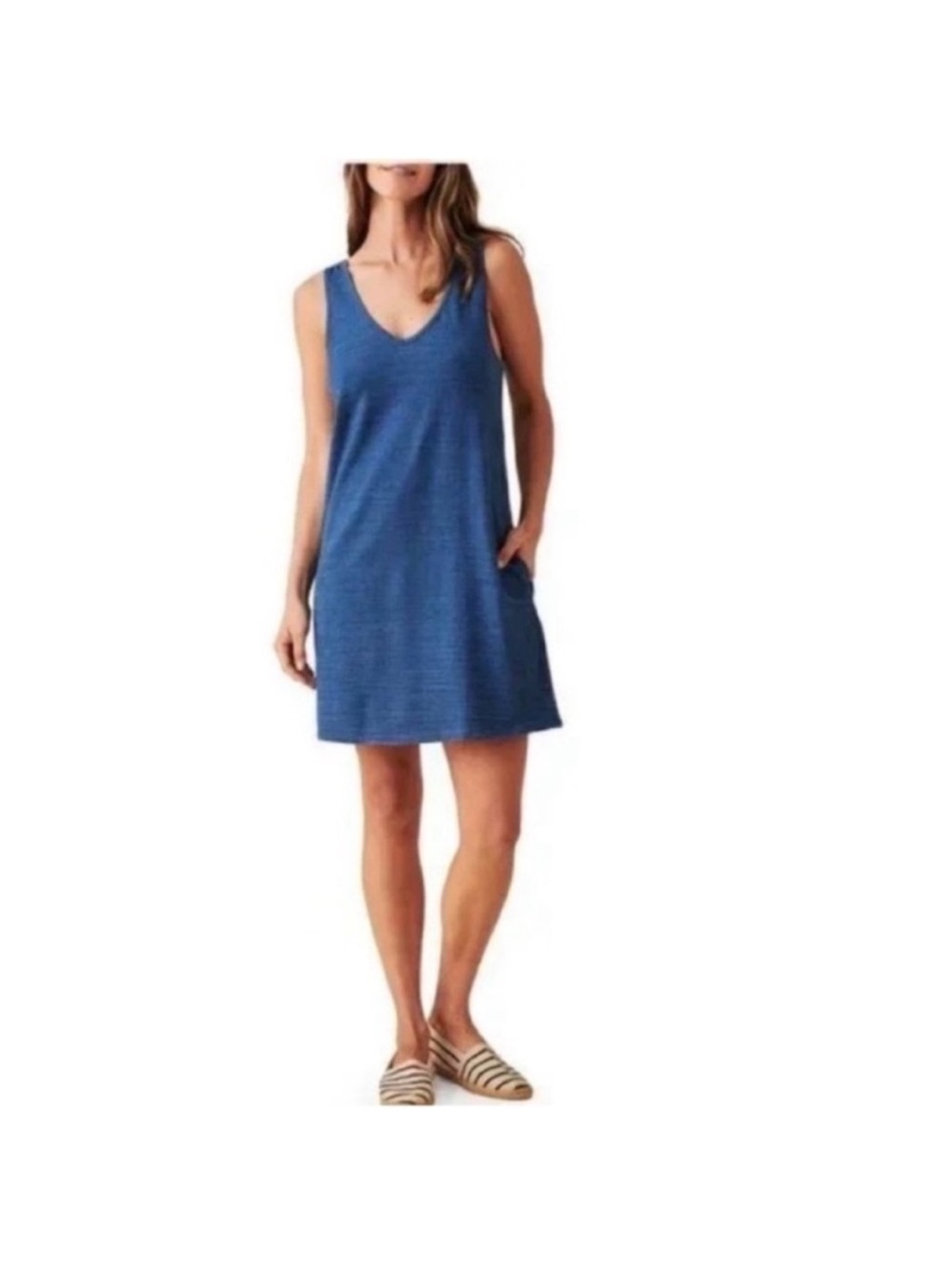 Faherty Mini Shift Dress Sleeveless Tank V Neck Cotton Indigo Blue Size Medium - Picture 4 of 11